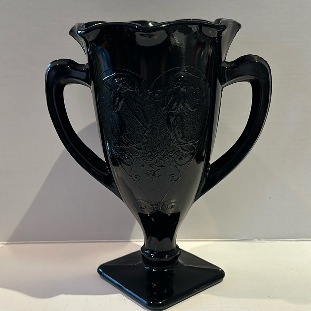 L.E. Smith Black Amethyst Dancing Nymphs Glass Vase Art-Deco 1930s Vintage